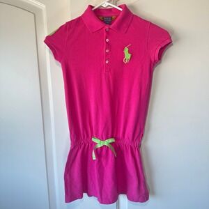 Ralph Lauren Polo Dress Girls Pink Green Big Pony Logo Preppy‎ Ruffle Cotton 6X